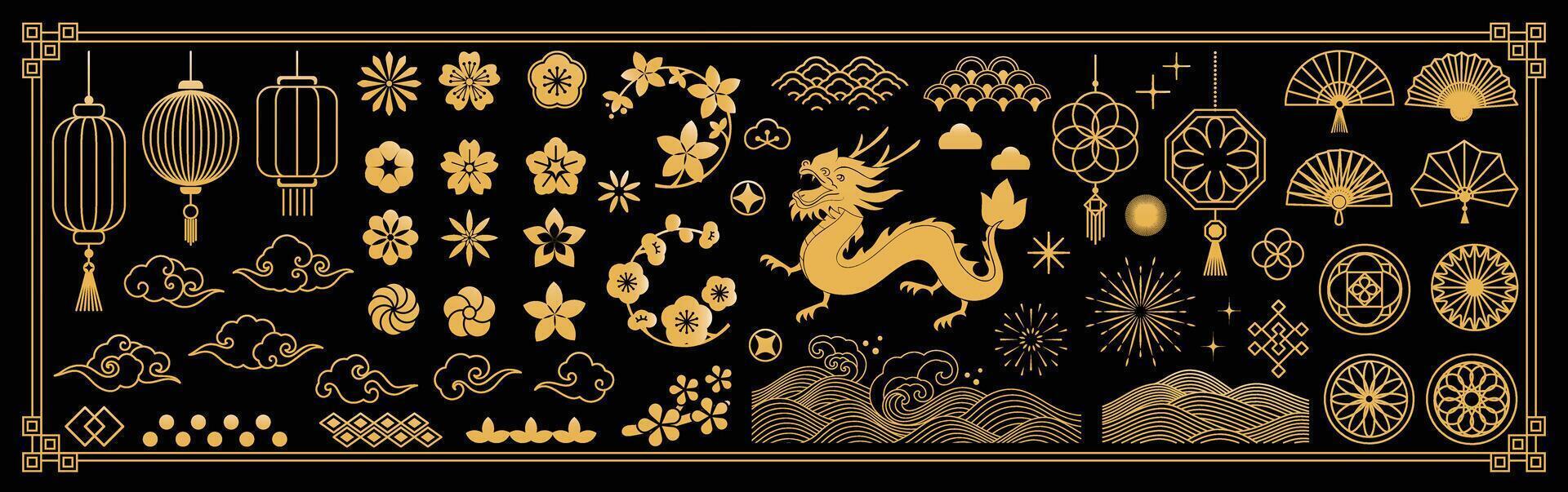 chino nuevo año íconos vector colocar. Cereza florecer flor, linterna, continuar, mar ola, nube aislado icono de asiático lunar nuevo año fiesta decoración vector. oriental cultura tradicion ilustración.