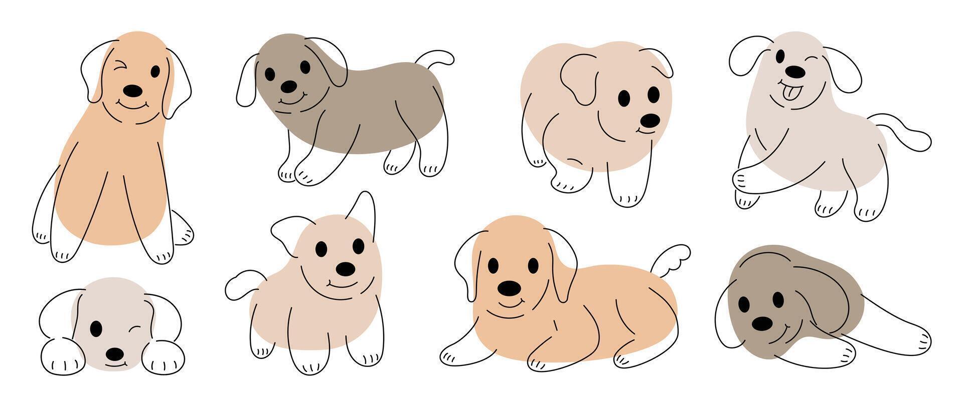 Set of cute dogs clipart vector. Lovely dog and friendly puppy doodle pattern in different poses and breeds with flat color. Adorable funny pet and many characters hand drawn collection. vector