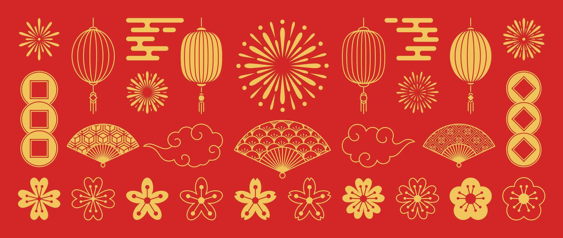 chino nuevo año íconos vector colocar. Cereza florecer flor, admirador, Fuegos artificiales, colgando linterna, nube aislado icono de asiático lunar nuevo año fiesta decoración vector. oriental cultura tradicion ilustración.