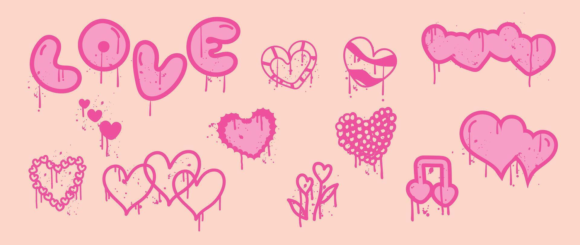 Set of spray paint valentine element vector. Hand drawn graffiti texture style collection of heart, love text in pink color. Romance design illustration for print, cartoon, card, decoration, sticker. vector