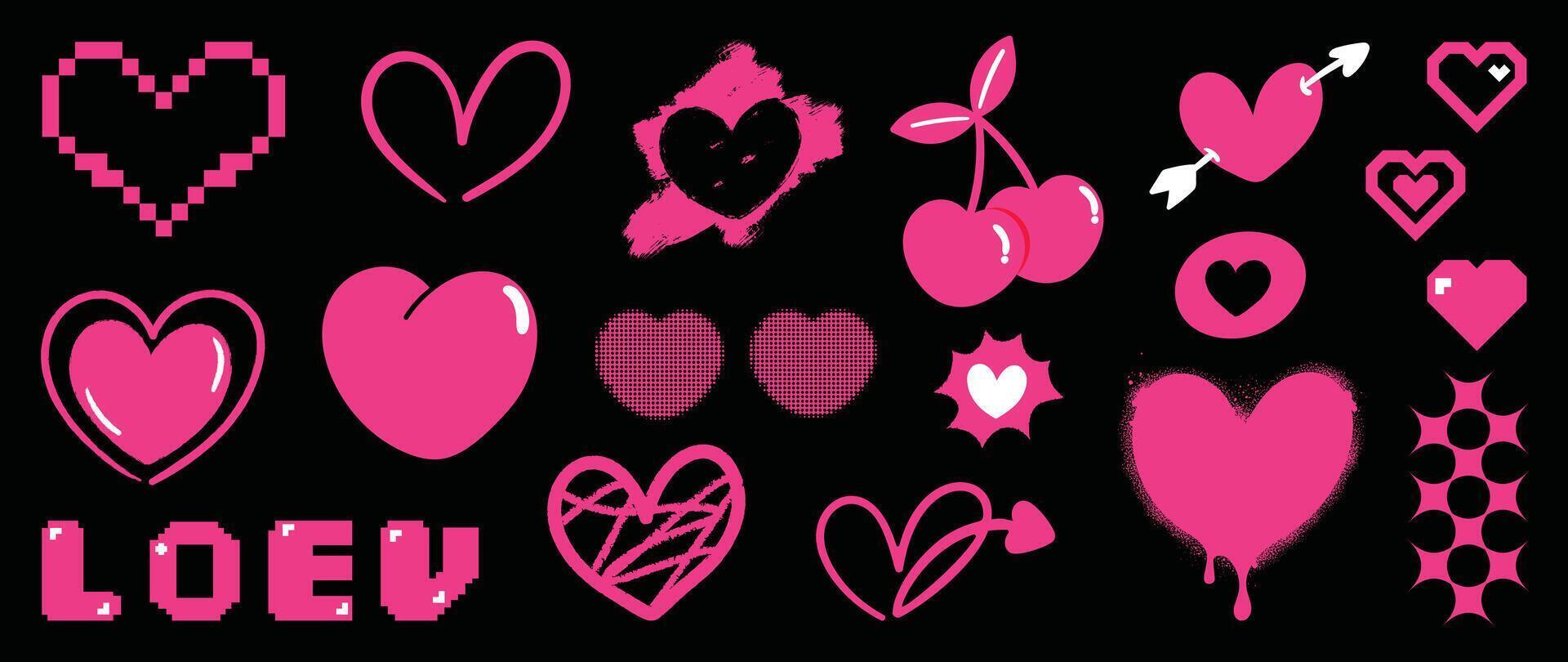 Set of y2k valentine element vector. Hand drawn collection of heart, pixel art, crown in colorful, doodle spray paint, fonts. Romance design illustration for print, cartoon, card, decoration, sticker. vector