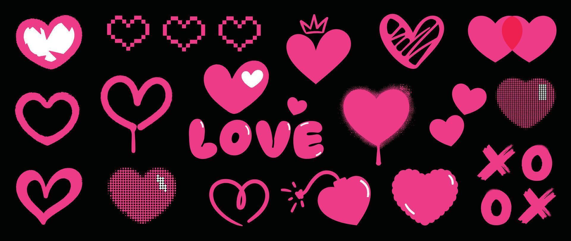 Set of y2k valentine element vector. Hand drawn collection of heart, pixel art, crown in colorful, doodle spray paint, fonts. Romance design illustration for print, cartoon, card, decoration, sticker. vector