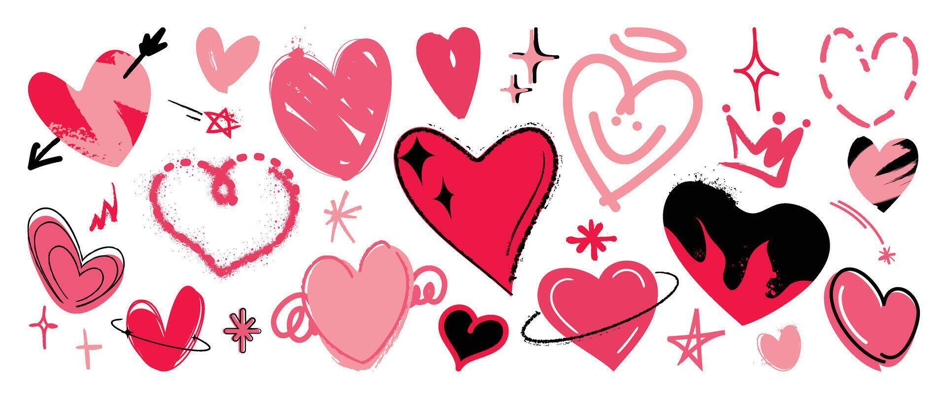 conjunto de rociar pintar enamorado elemento vector. mano dibujado pintada textura estilo colección de corazón en negro y rosado color. romance diseño ilustración para imprimir, dibujos animados, tarjeta, decoración, pegatina. vector