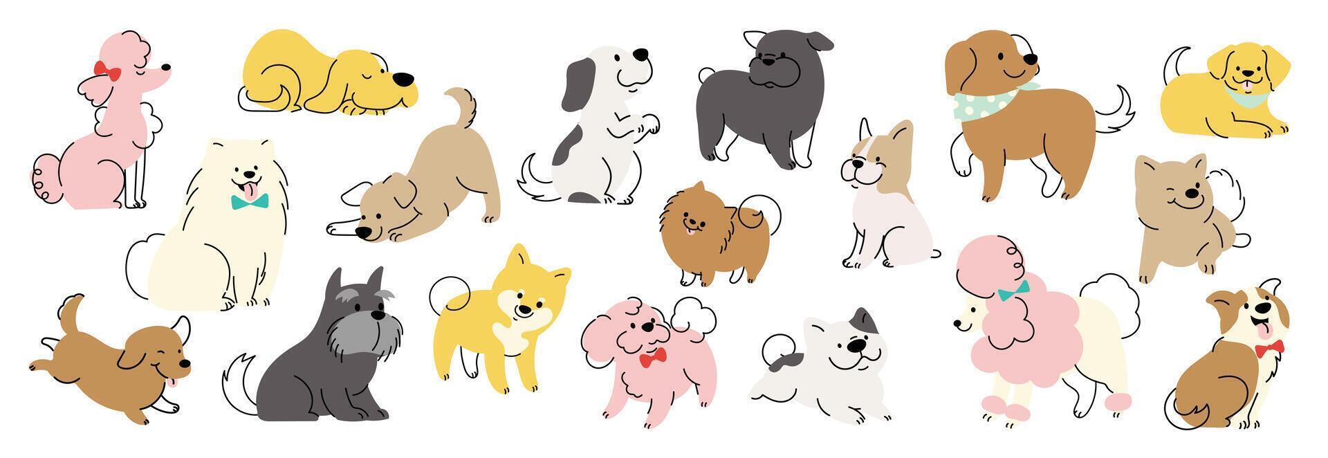 conjunto de linda perros clipart vector. encantador perro y simpático perrito garabatear modelo en diferente poses y razas con plano color. adorable gracioso mascota y muchos caracteres mano dibujado recopilación. vector