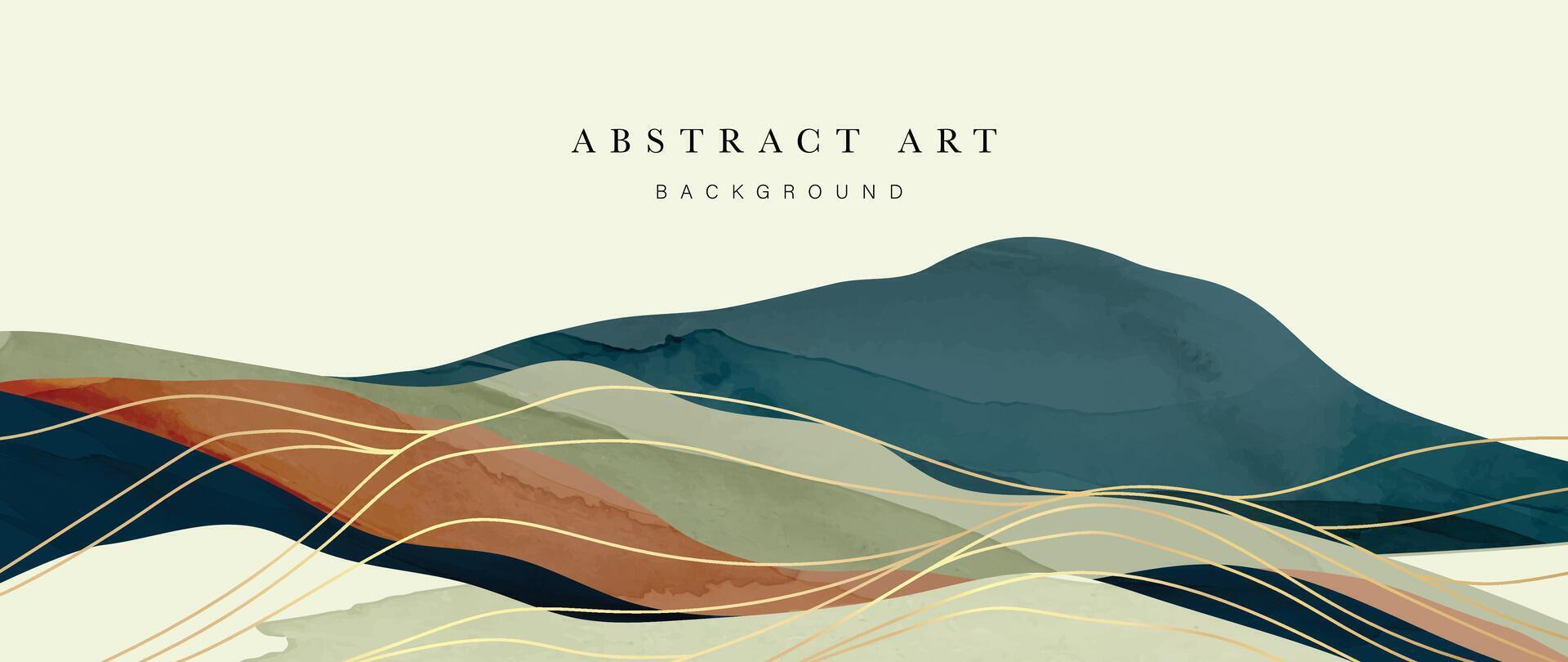 Abstract mountain and golden line arts background vector. Watercolor oriental style, landscape, hills with gold, curve lines texture. Wall art design for home decor, wallpaper, prints. vector