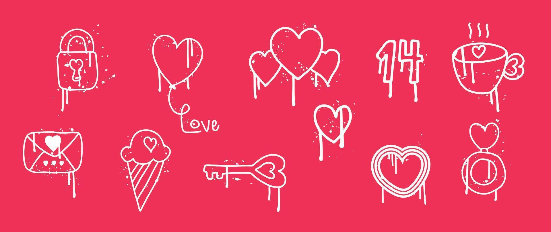 Set of spray paint valentine element vector. Hand drawn graffiti texture style collection of heart, ice cream, key, ring. Romance design illustration for print, cartoon, card, decoration, sticker. vector