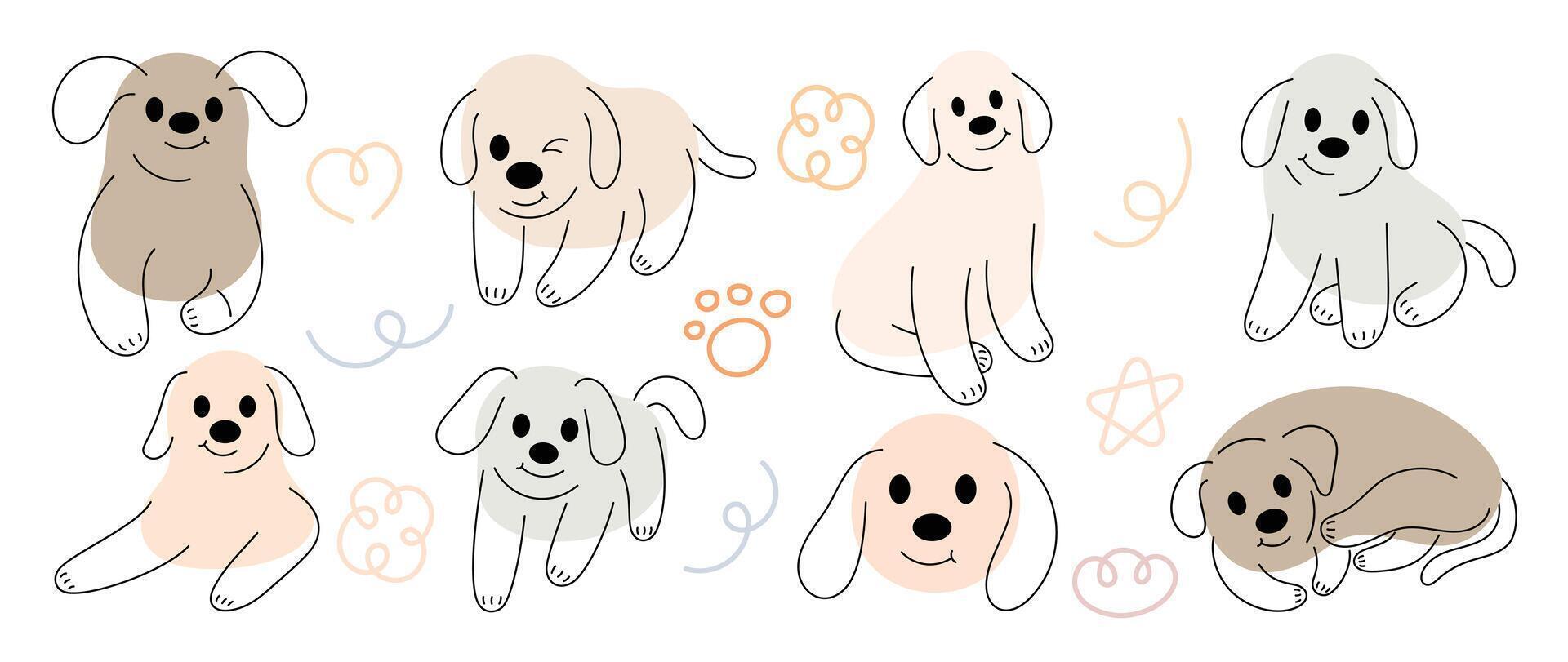 conjunto de linda perros clipart vector. encantador perro y simpático perrito garabatear modelo en diferente poses y razas con plano color. adorable gracioso mascota y muchos caracteres mano dibujado recopilación. vector