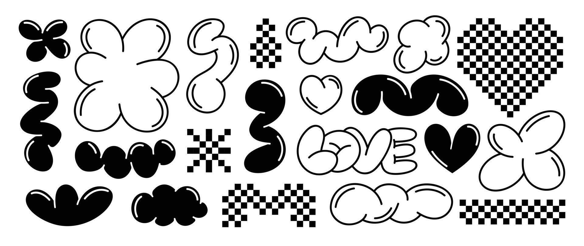 Set of y2k style elements vector. Hand drawn collection of heart pixel, love text, fluffy, flower, organic shape in black and white color. Design for print, cartoon, card, decoration, sticker. vector