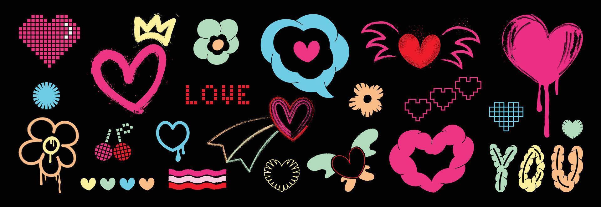 Set of y2k valentine element vector. Hand drawn collection of heart, pixel art, crown in colorful, doodle spray paint, fonts. Romance design illustration for print, cartoon, card, decoration, sticker. vector