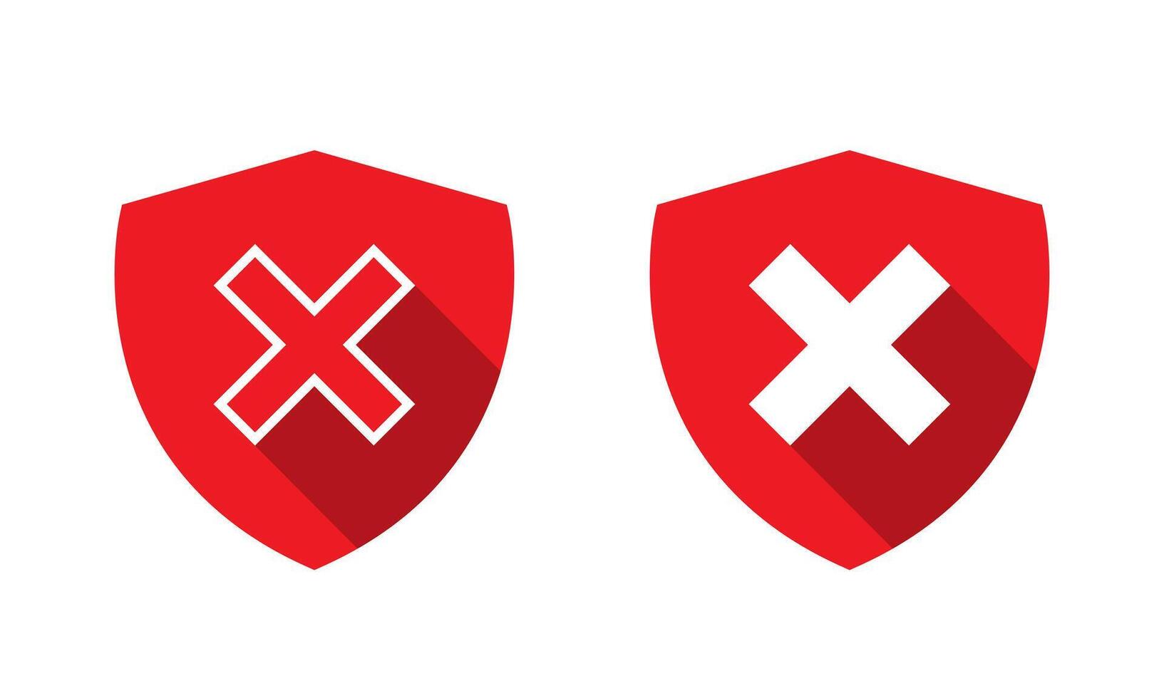 Red shield with x cross mark icon vector with long shadow