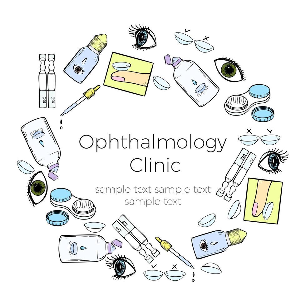 Contact lenses banner for ophthalmology clinic or lenses shop advertising. Vector design template with cartoon eyes, lenses and health care products. Vector illustration