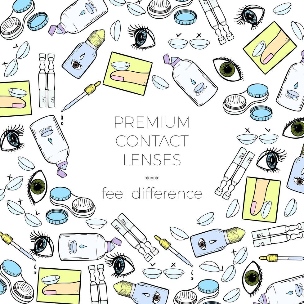 Contact lenses banner for ophthalmology clinic or lenses shop advertising. Vector design template with cartoon eyes, lenses and health care products. Vector illustration