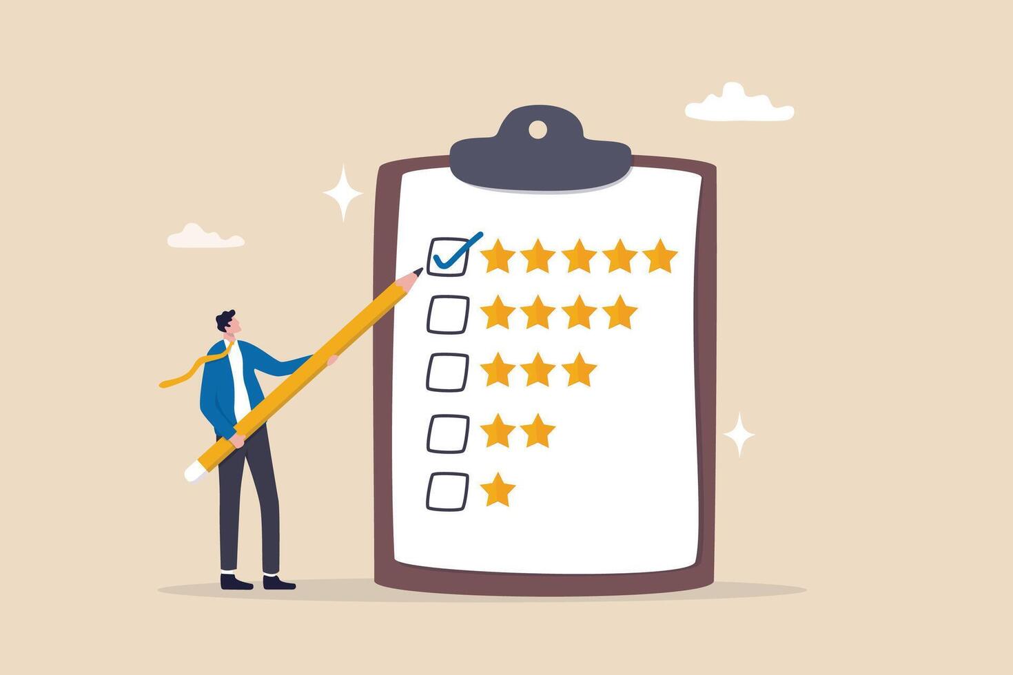 evaluación actuación encuesta, márketing realimentación o Servicio cuestionario, cliente opinión, excelente 5 5 estrellas servicio, cliente clasificación Puntuación concepto, empresario utilizar lápiz dando estrellas evaluación. vector