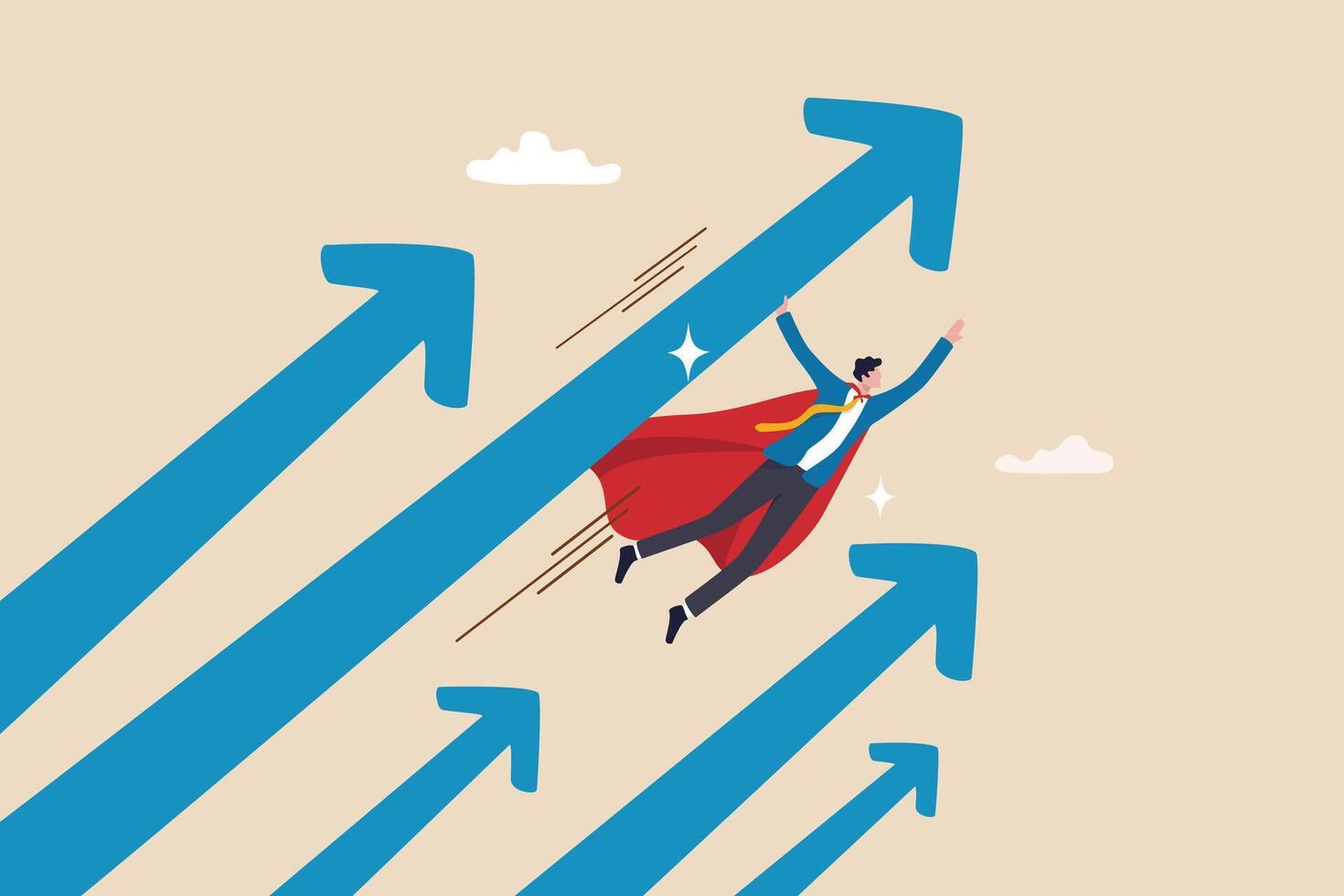 Growth or growing business forward to success, effort to drive growth or career success, economic or work performance rising up, improvement concept, businessman superhero flying with rising arrow. vector