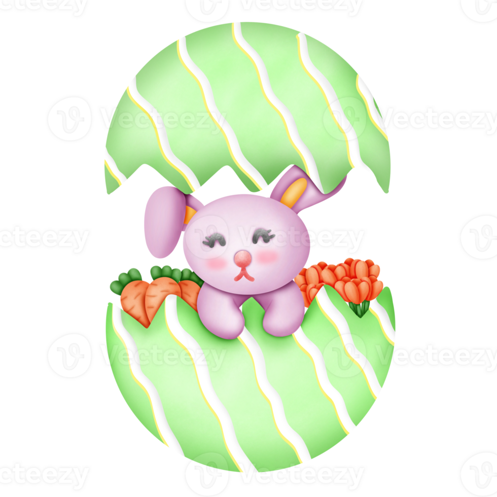 Bunny with carrot and tulip flower in easter egg png