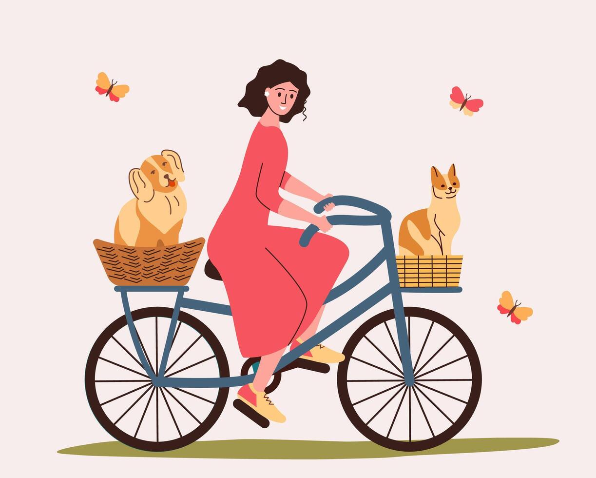 Owner with dog and cat on hike in nature. Pets sitting in bicycle basket. Girl travels with pets. Flat vector illustration.