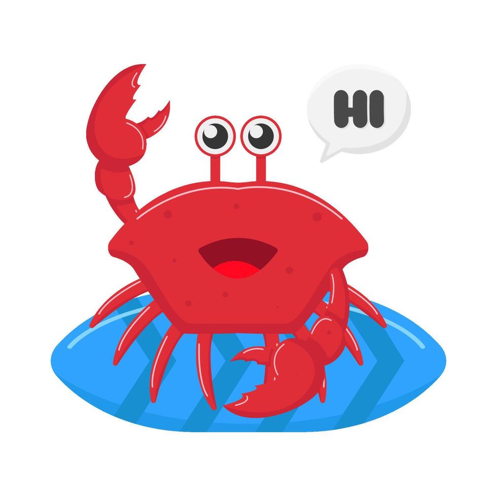 crab in surfing board with hi in speech bubble illustration vector