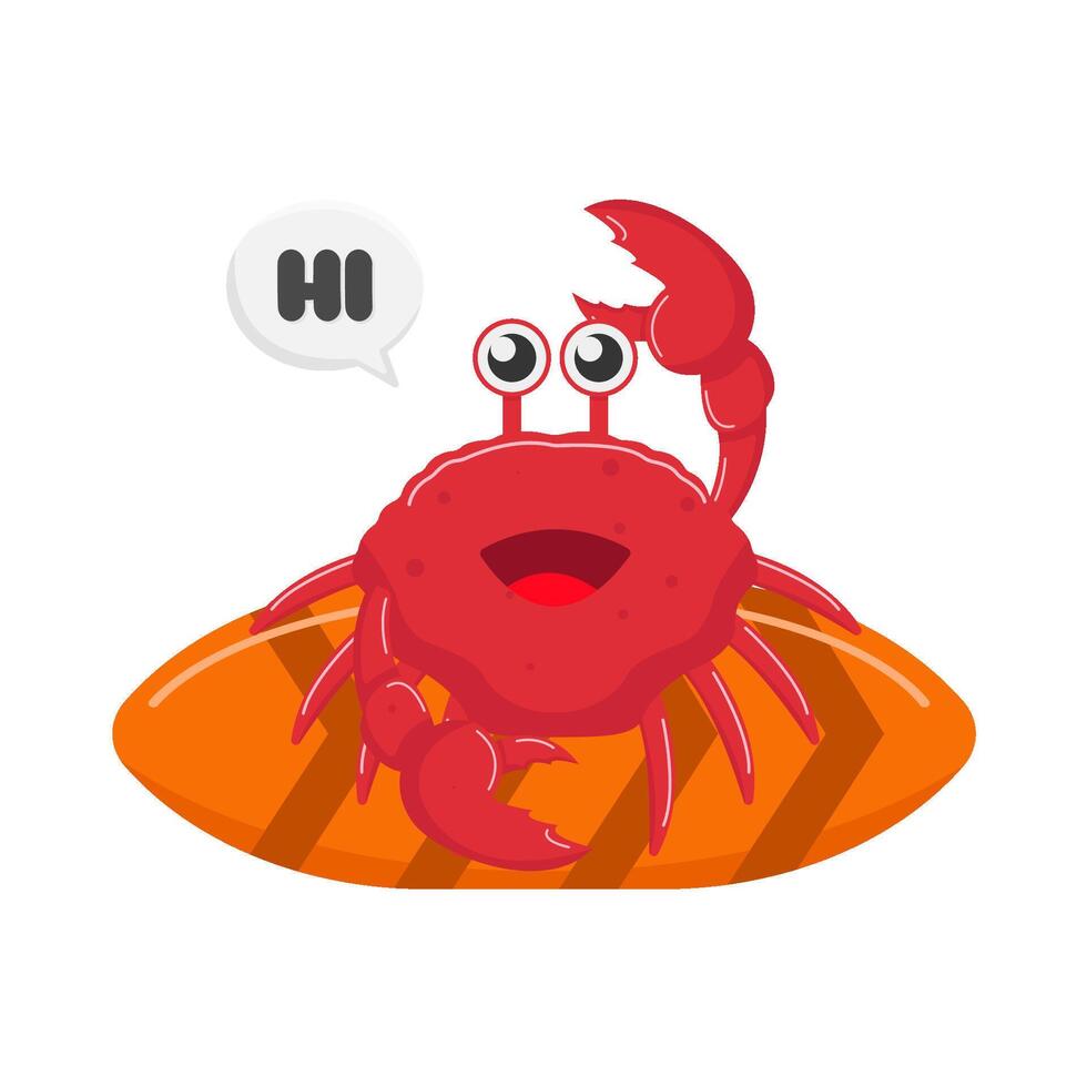 crab in surfing board with hi in speech bubble illustration vector