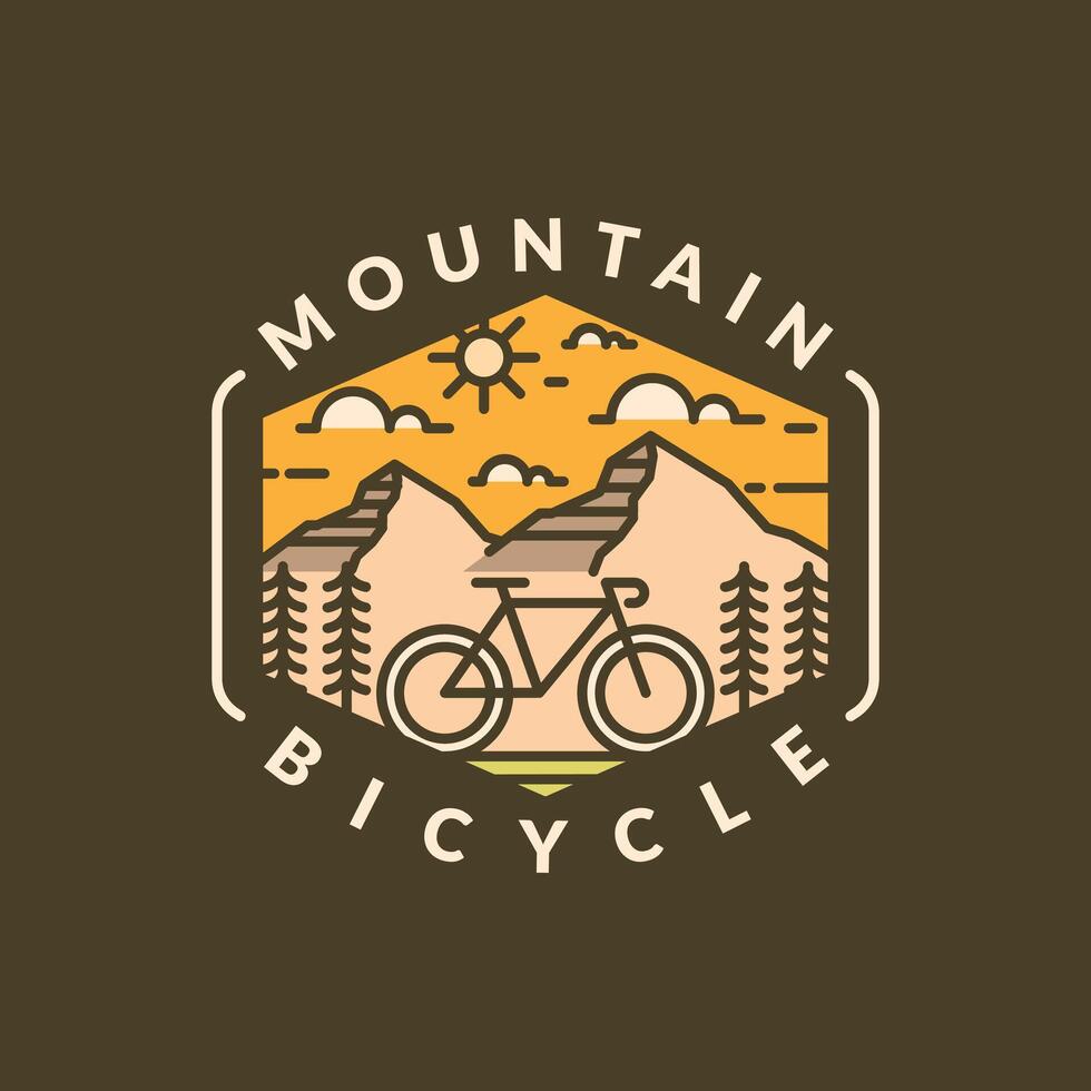 Mountain and bicycle monoline or line art style vector illustration