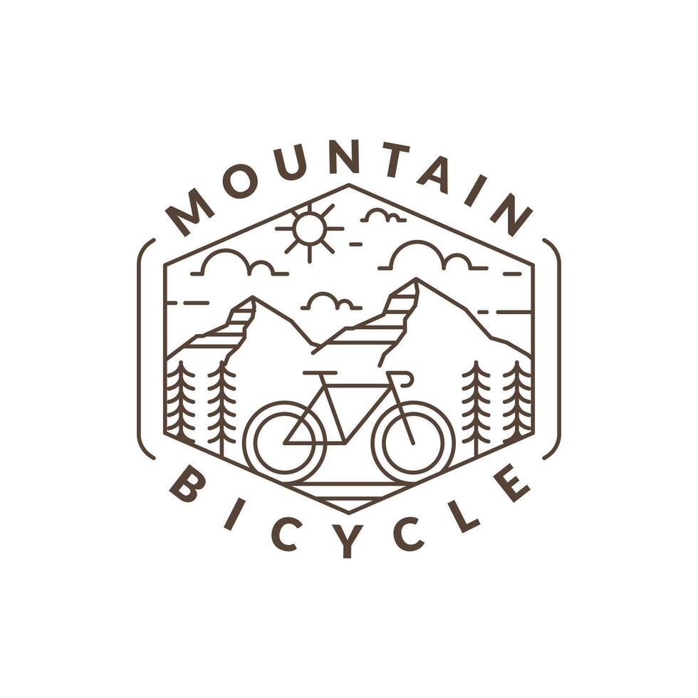 Mountain and bicycle monoline or line art style vector illustration