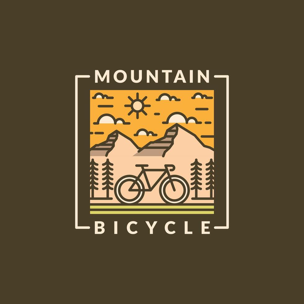 Mountain and bicycle monoline or line art style vector illustration