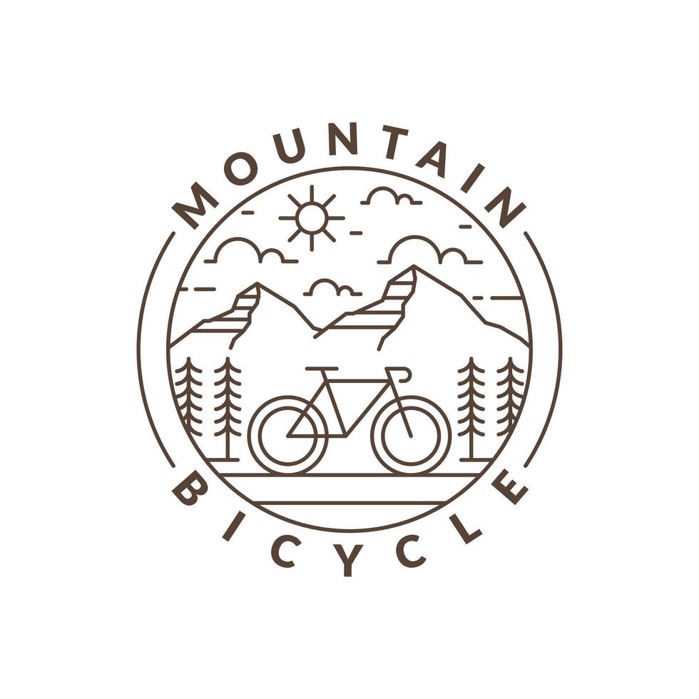 Mountain and bicycle monoline or line art style vector illustration