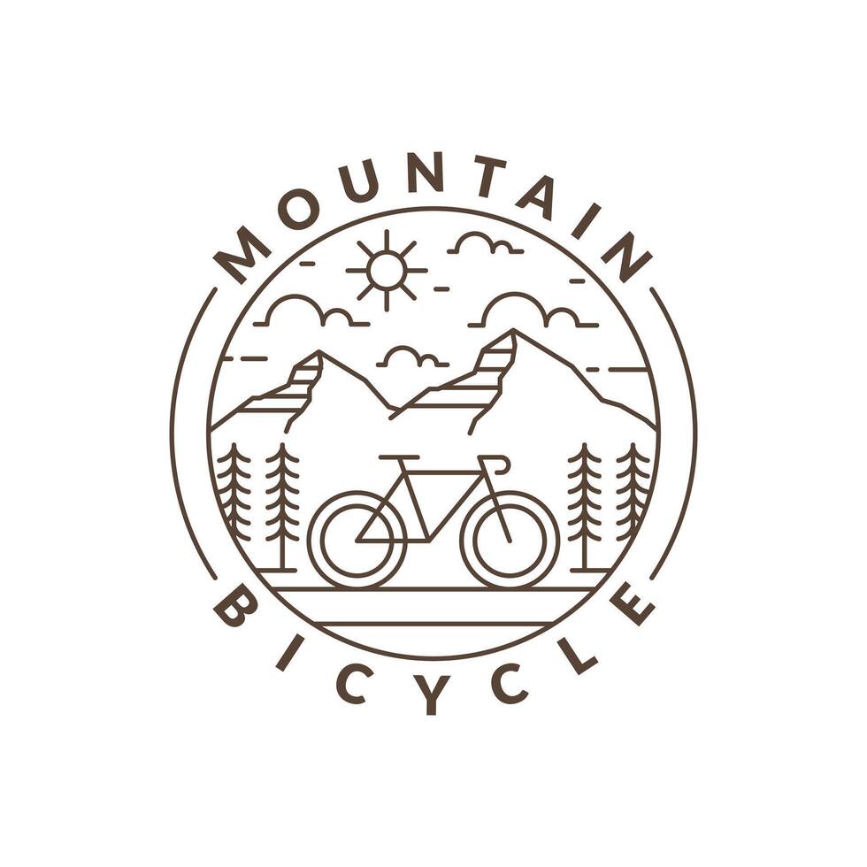 ilustración de vector de estilo de arte de línea o monolínea de montaña y bicicleta