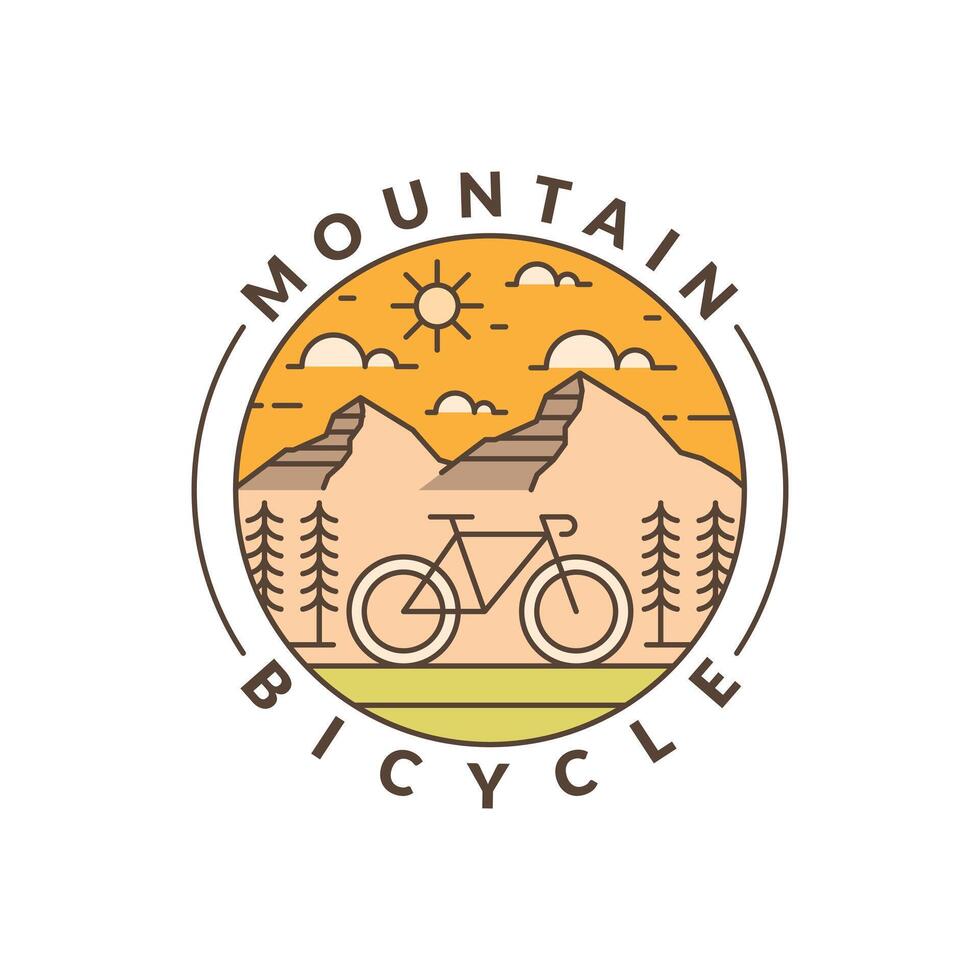 Mountain and bicycle monoline or line art style vector illustration