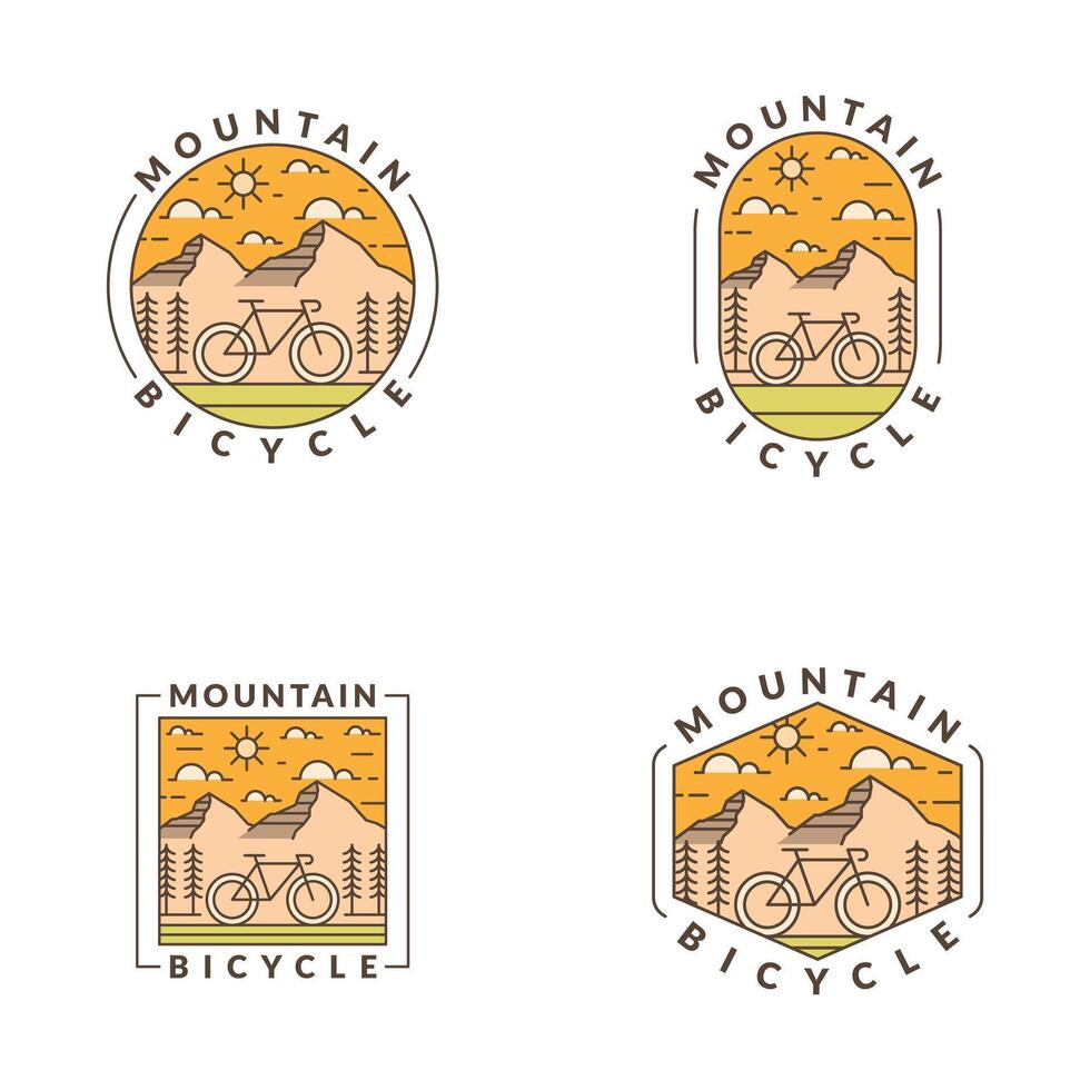 Mountain and bicycle monoline or line art style vector illustration