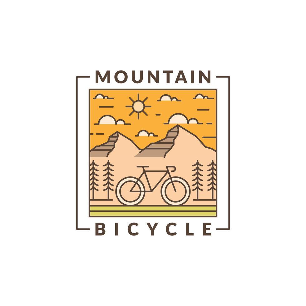 Mountain and bicycle monoline or line art style vector illustration