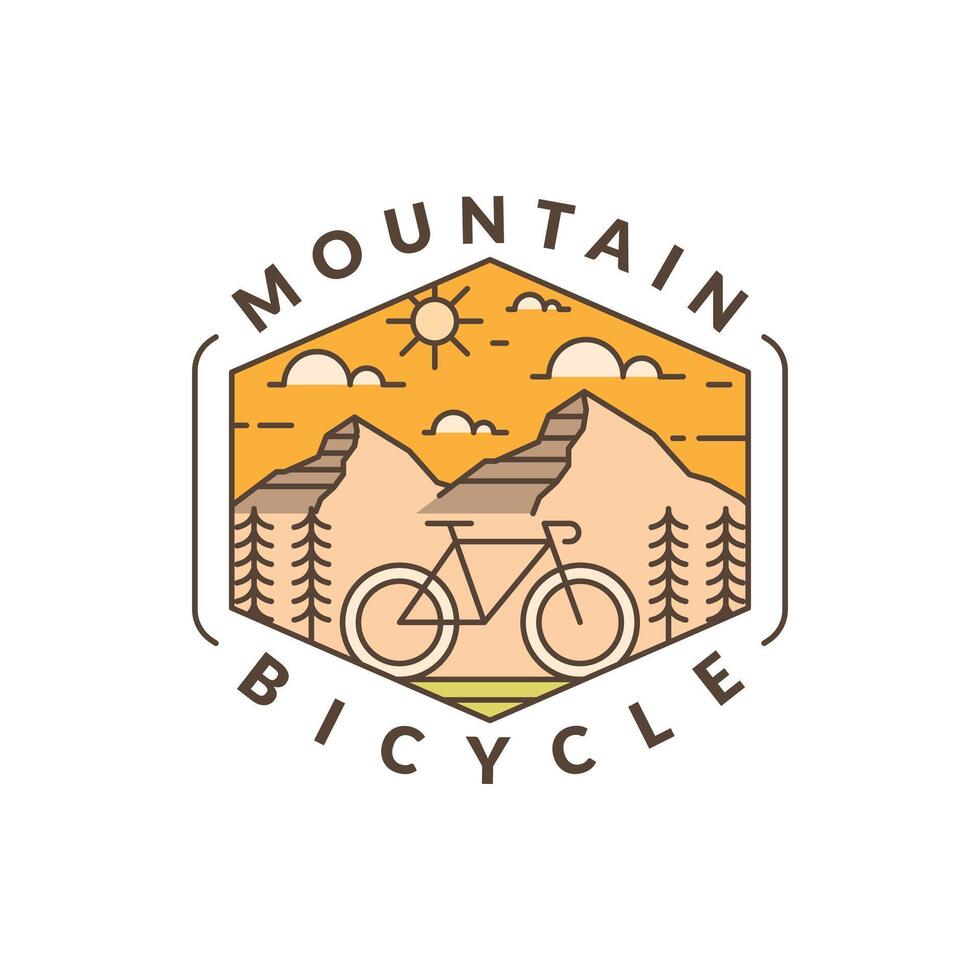 Mountain and bicycle monoline or line art style vector illustration