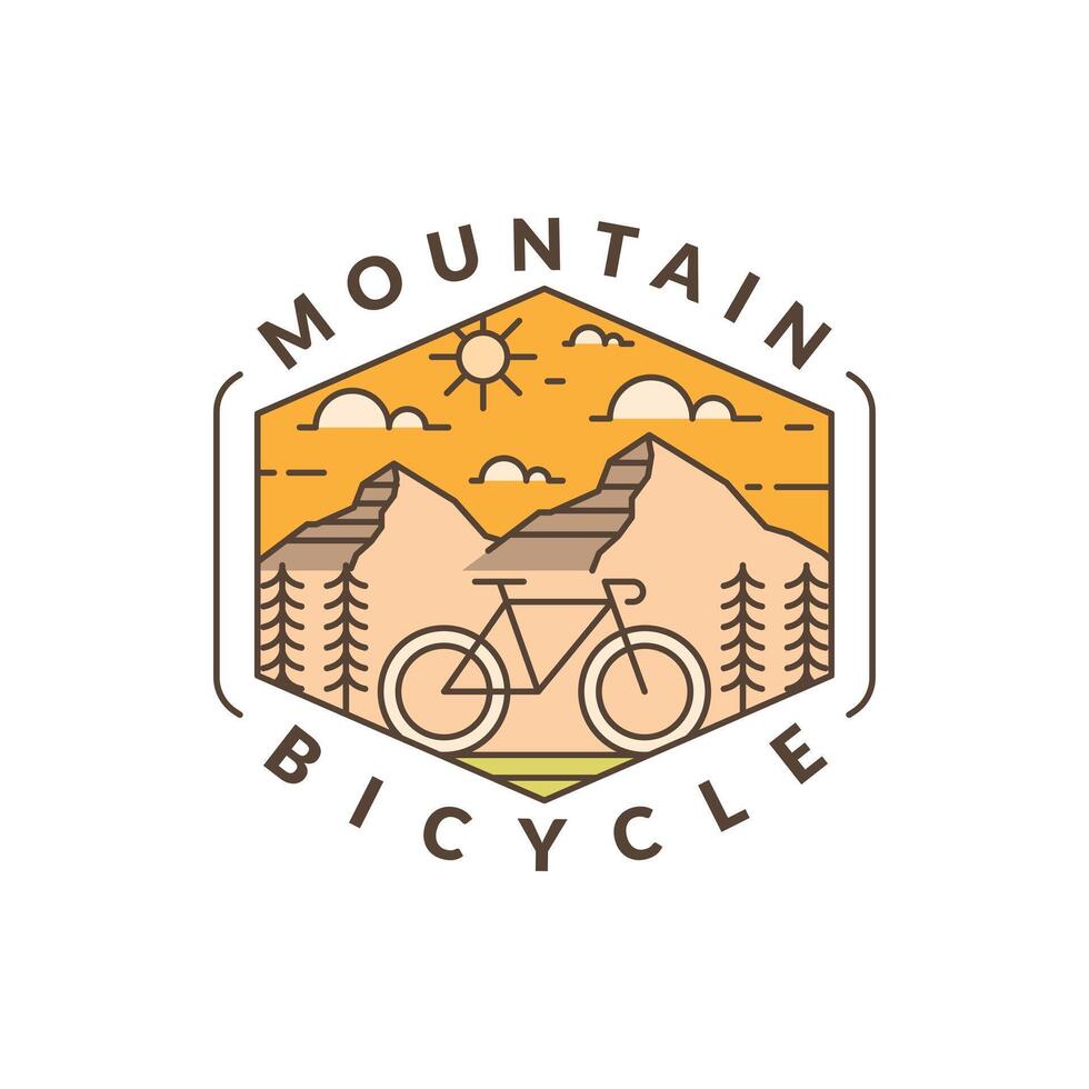 Mountain and bicycle monoline or line art style vector illustration