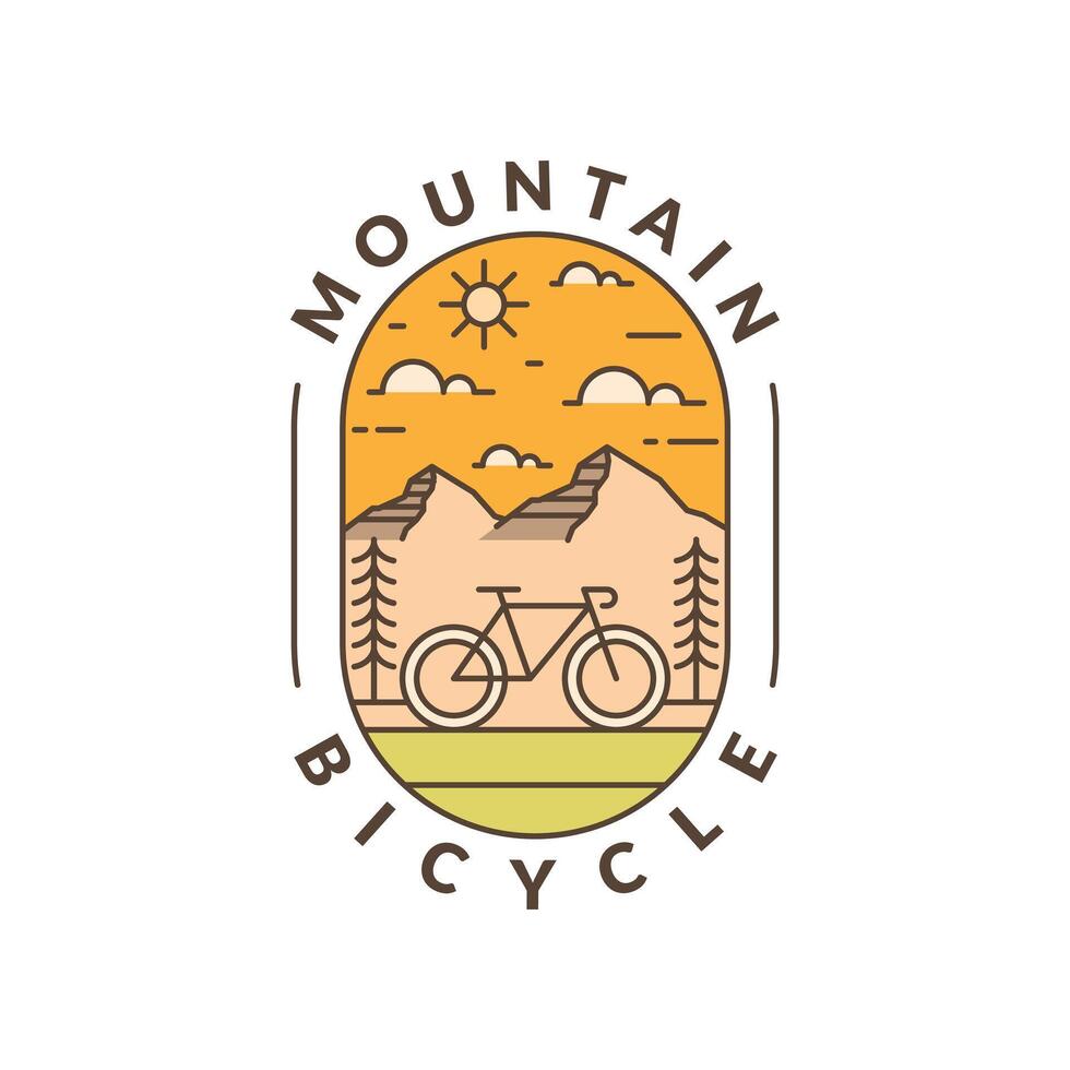 Mountain and bicycle monoline or line art style vector illustration