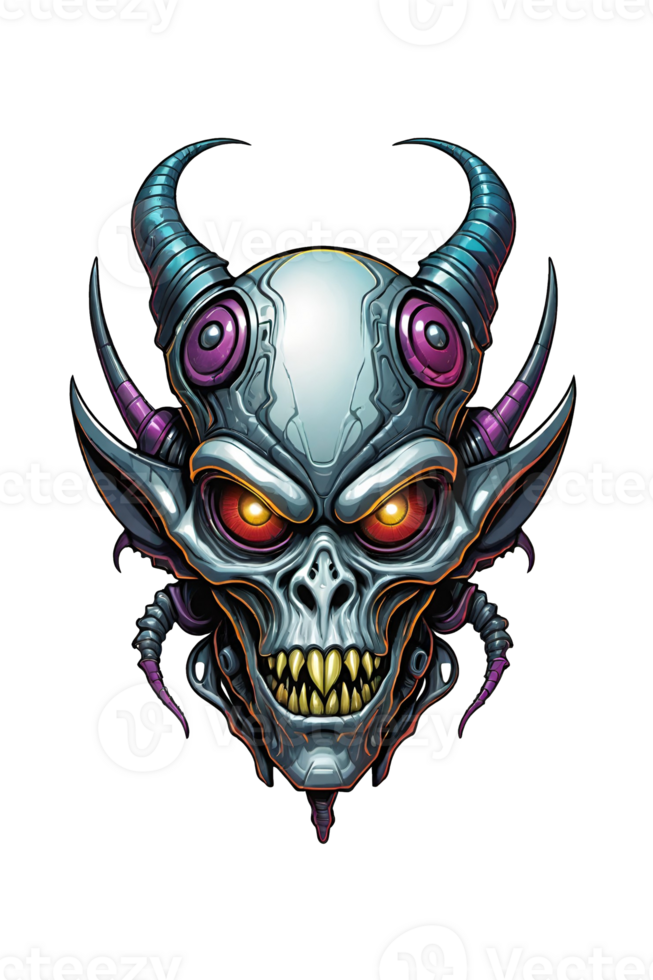AI generated Illustration of an alien head with horns on a purple. png