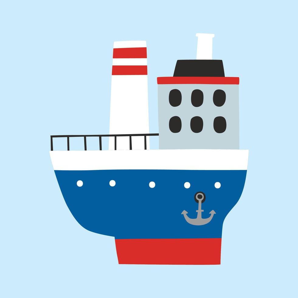 Vector hand drawn container ship on blue background