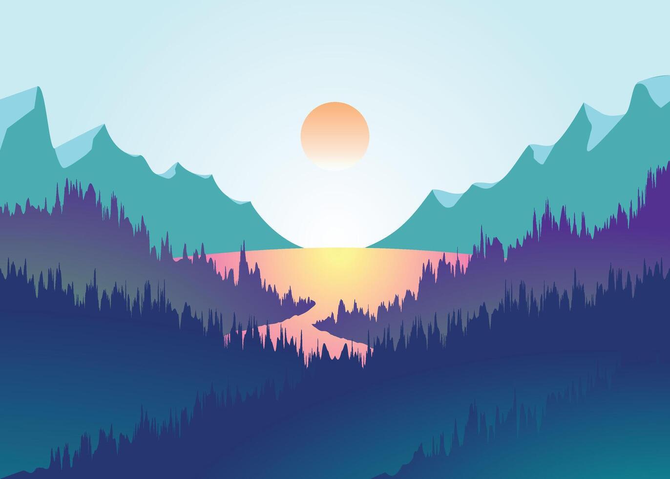 hermosa dibujos animados fantasía paisaje con puesta de sol o amanecer en en capas árbol con un lago en el medio vector