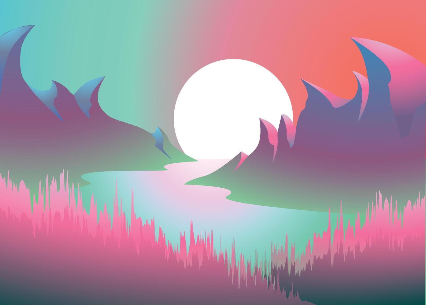 Beautiful Cartoon fantasy Landscape with sunset or sunrise in a magical purple canyon vector