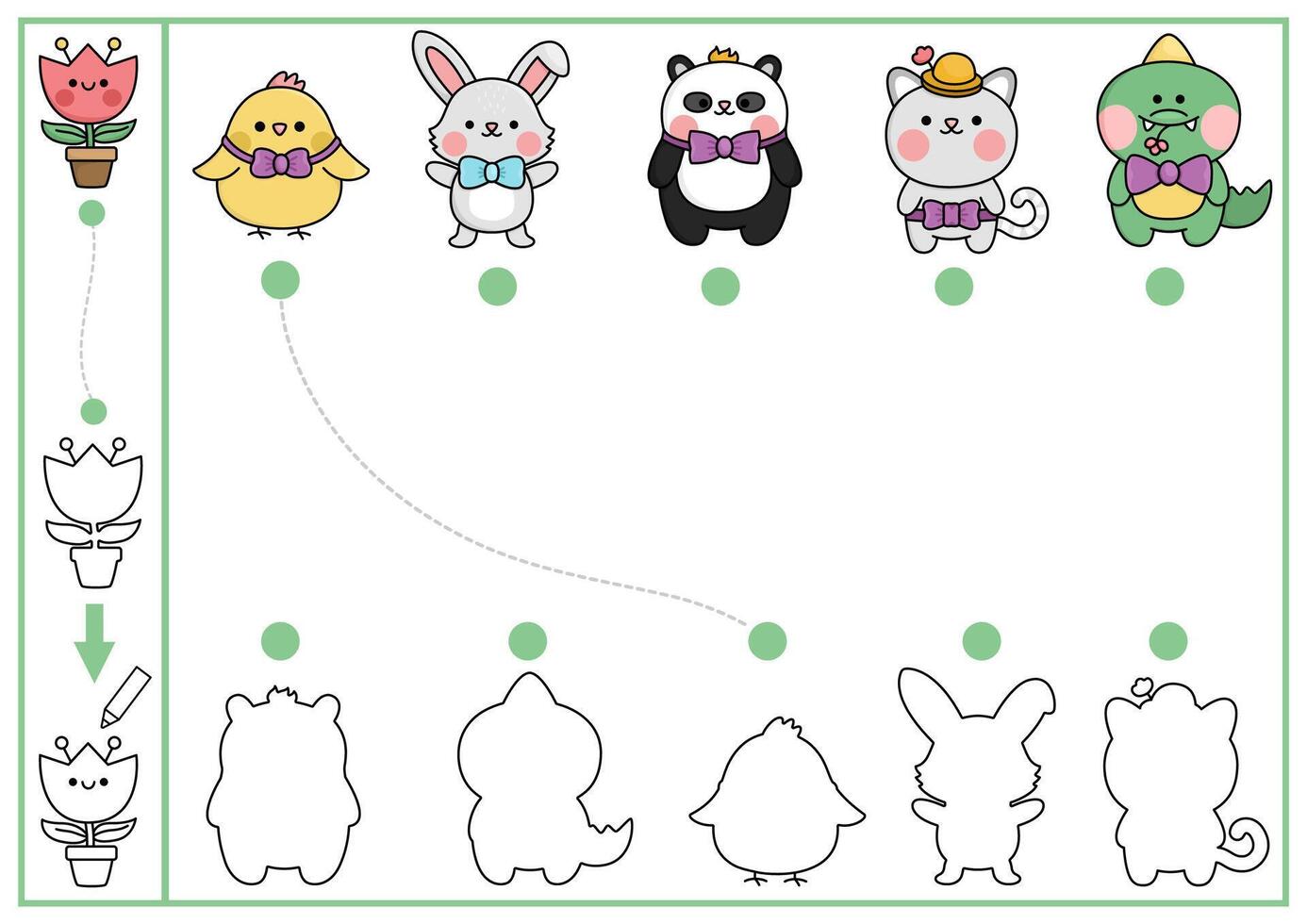 Easter shape matching, coloring and drawing activity. Spring holiday puzzle with cute kawaii animals. Find correct silhouette printable worksheet. Garden page for kids with bunny, chick, panda, cat vector