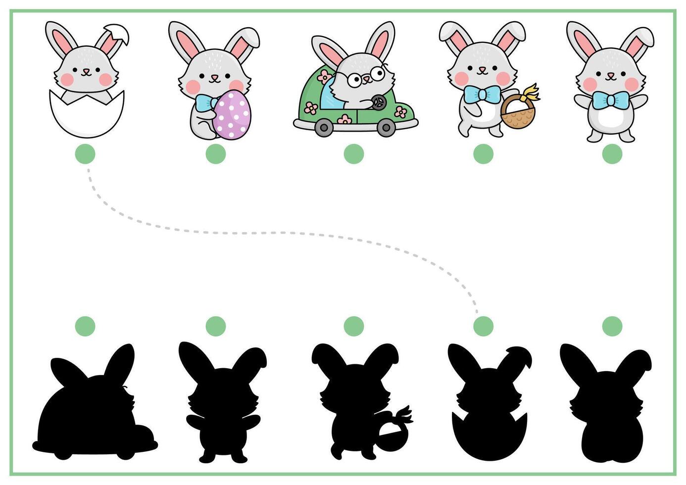 Easter shadow matching activity with bunnies. Spring holiday shape recognition puzzle with cute kawaii animals. Find correct silhouette printable worksheet. Garden page for kids with rabbits vector