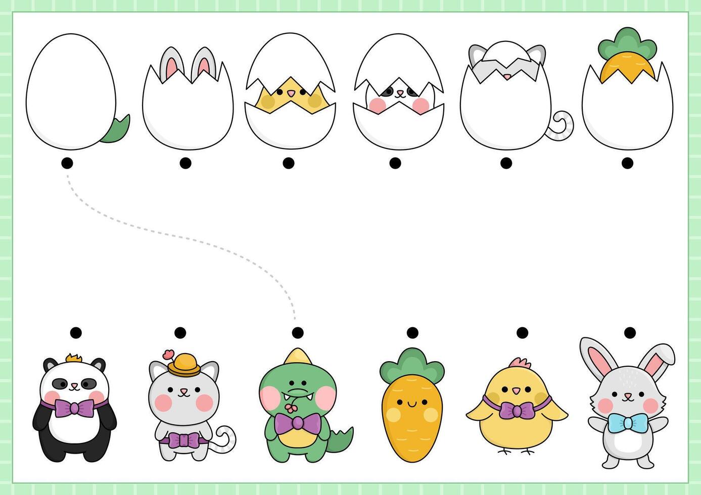 Easter matching activity for children with kawaii animals hiding in eggs. Fun spring holiday puzzle with cute hatching bunny, chick, panda, cat, carrot. Printable worksheet or game for kids vector