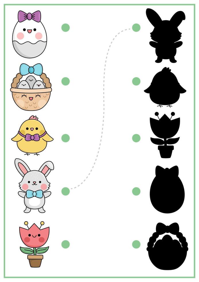 Easter shadow matching activity with traditional characters. Spring holiday shape recognition puzzle with cute kawaii animals. Find correct silhouette printable worksheet. Garden page for kids vector