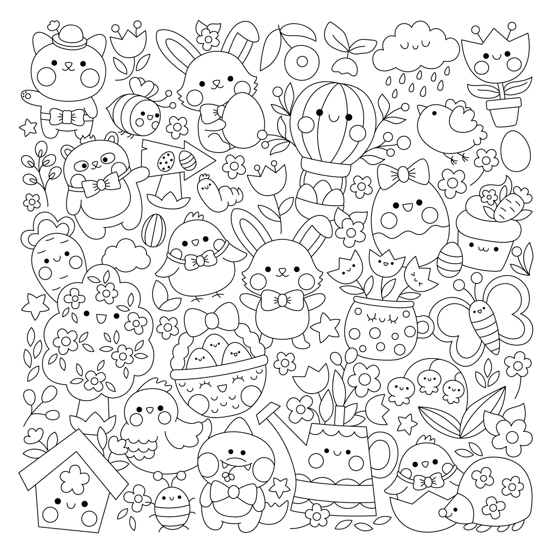 Vector Easter square line coloring page for kids with cute kawaii