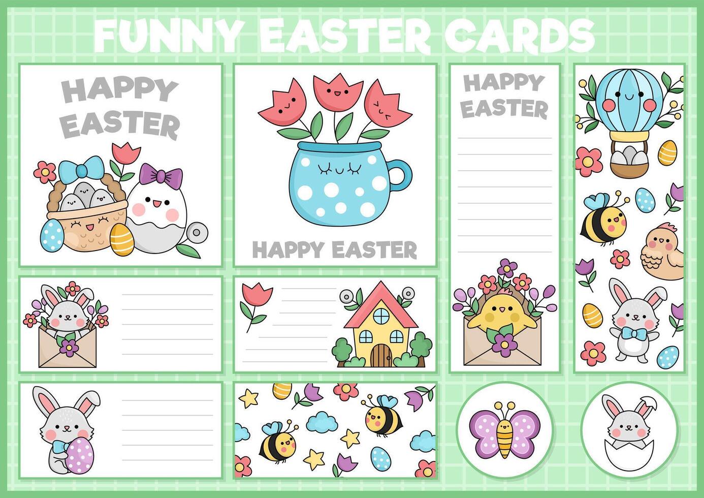 Cute Easter cards set with bunny, flowers, chick. Vector spring holiday square, round, vertical print templates. Design for tags, postcards, ads with bumblebee, hot air balloon, cottage house