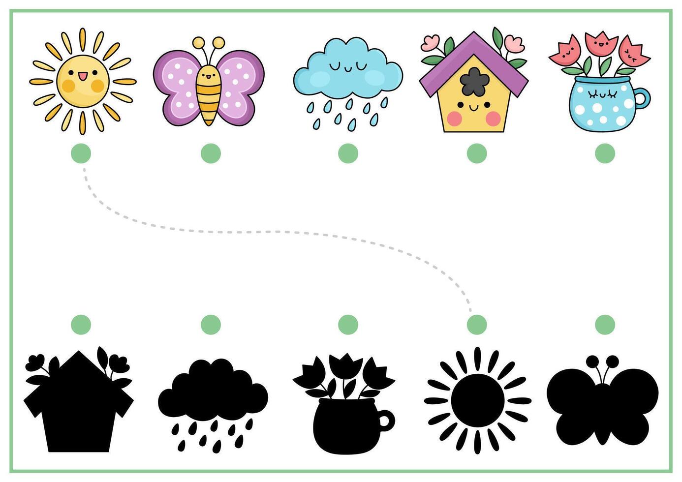 Garden shadow matching activity with traditional characters. Spring holiday shape recognition puzzle with cute kawaii animals. Find correct silhouette printable worksheet. Easter page for kids vector