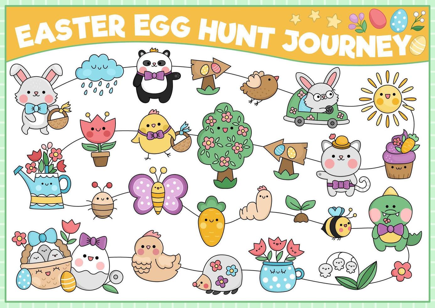 Vector black and white Easter egg hunt journey game with holiday symbols. Kawaii spring planner, maze, advent countdown calendar for kids. Festive garden poster with bunny, chick