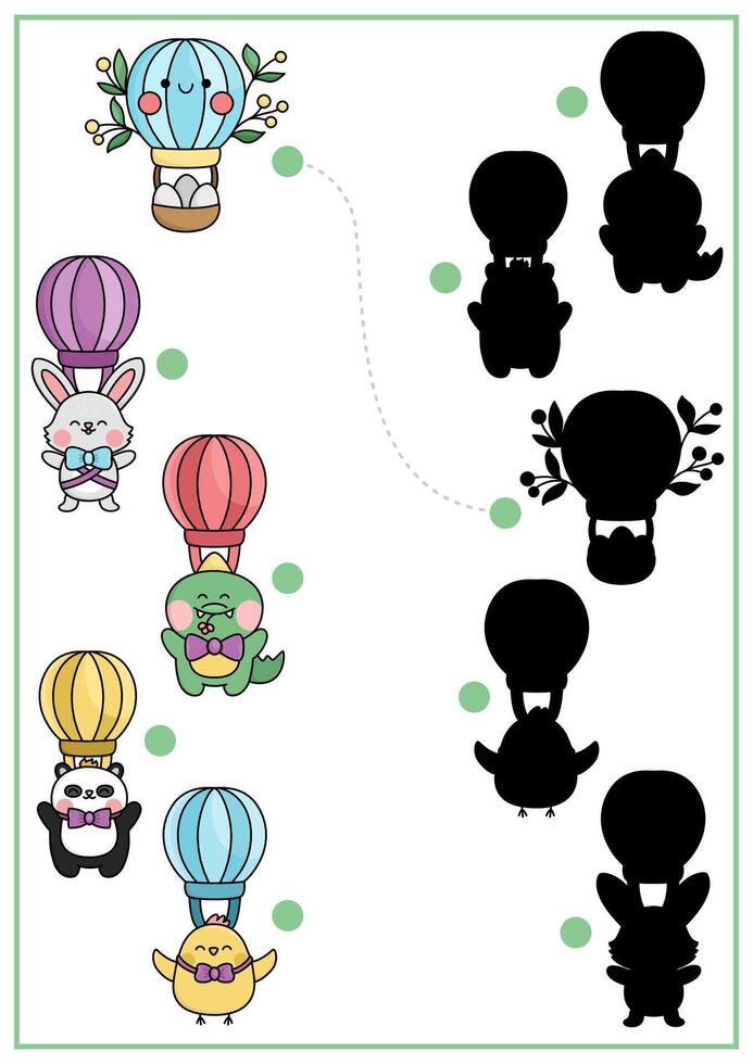 Easter shadow matching activity with traditional characters flying on hot air balloons. Spring holiday shape recognition puzzle with cute kawaii animals. Find correct silhouette printable worksheet vector