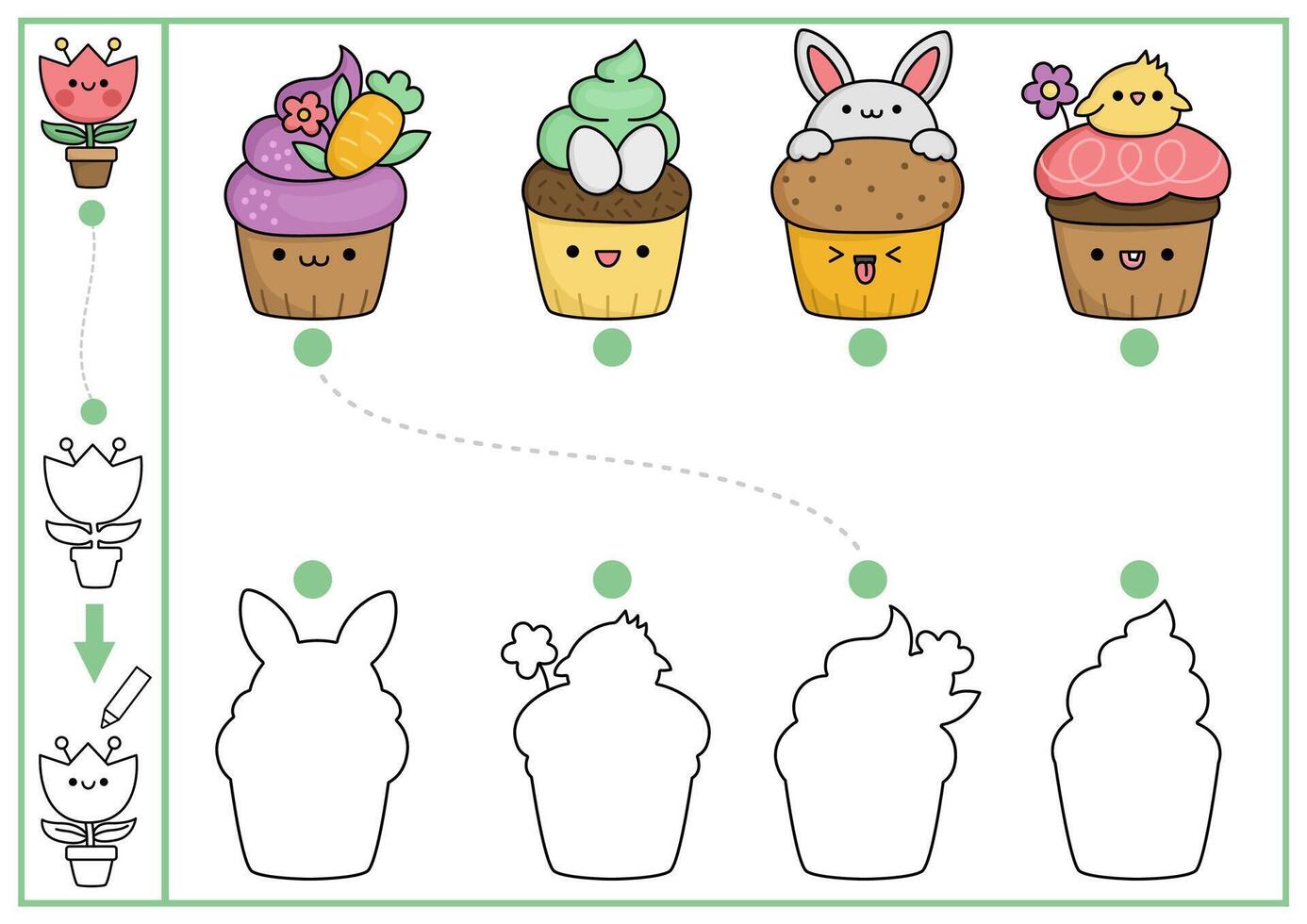 Easter shape matching, coloring and drawing activity. Spring holiday puzzle with cute kawaii cupcakes. Find correct silhouette printable worksheet. Garden page for kids with cup cakes with eggs, bunny vector