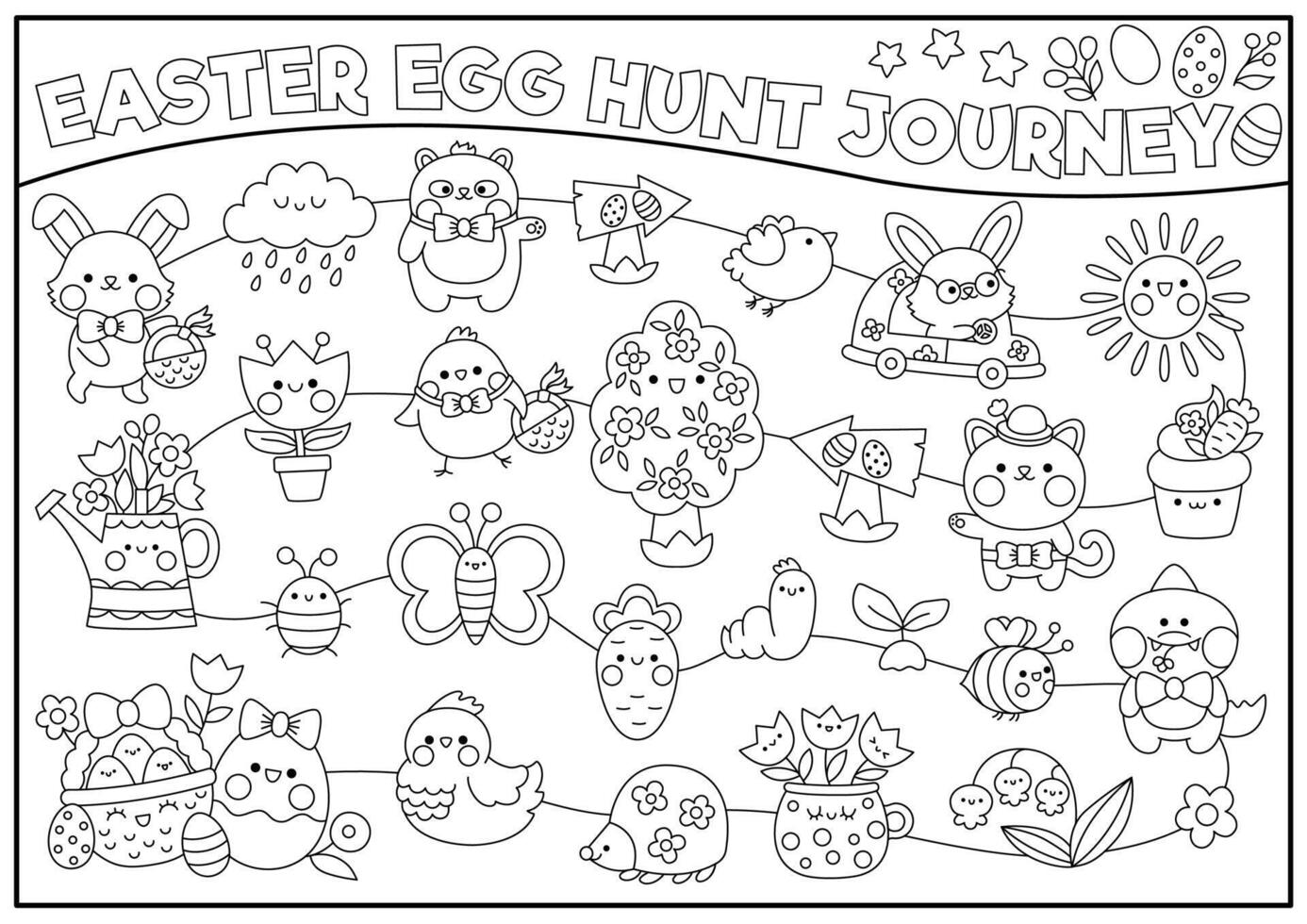 Vector black and white Easter egg hunt journey game with holiday symbols. Line kawaii spring planner, maze, advent countdown calendar for kids. Festive garden coloring page with bunny, chick