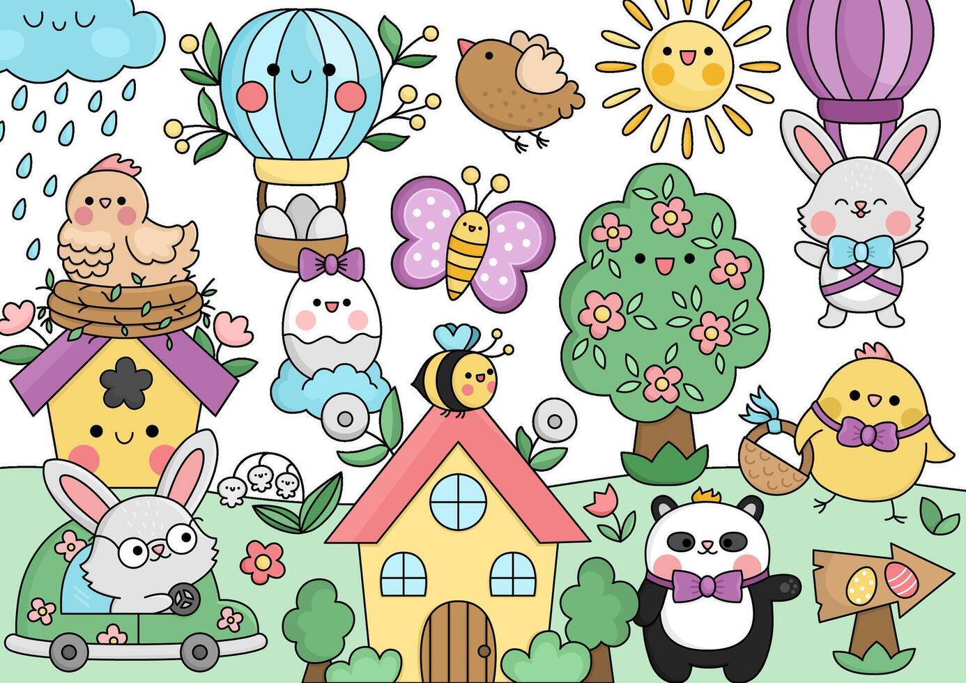 Vector kawaii Easter scene with bunny, colored eggs, cute cottage house, blooming tree, funny animals. Spring illustration. Cute holiday egg hunt scenery for kids with hot air balloon, panda bear