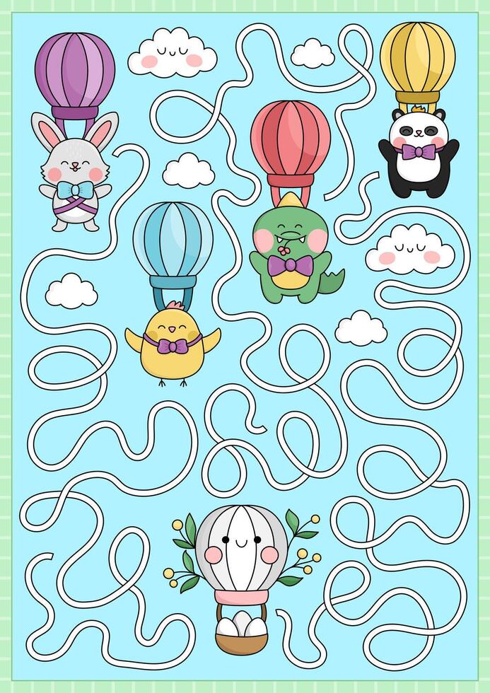 Easter maze for kids. Spring holiday preschool printable activity with kawaii animals playing egg hunt and flying on hot air balloons. Garden labyrinth game or puzzle with cute characters vector